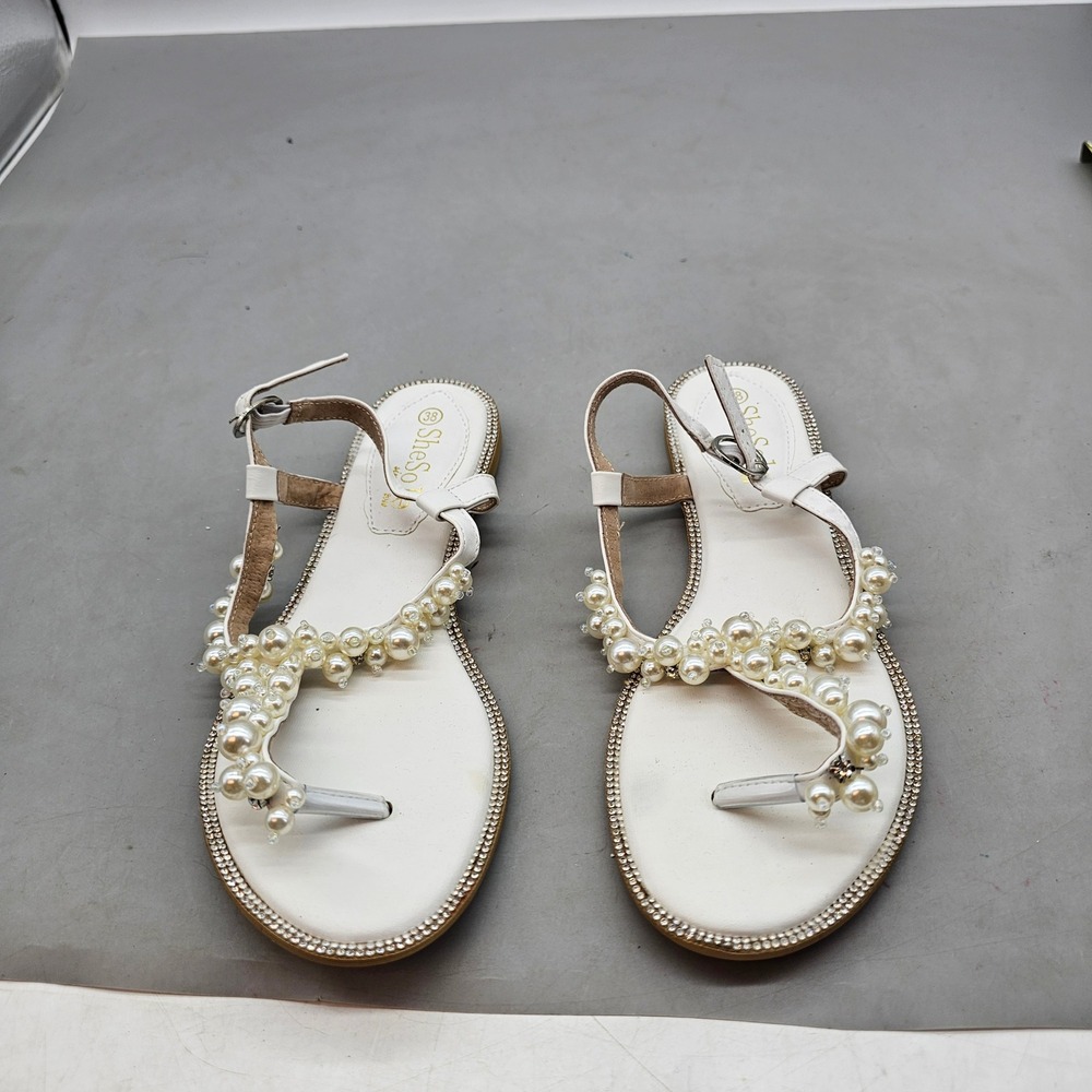 SheSole White Pearl Rhinestone Flat Sandals Bridal Wedding Slingback H02173 38